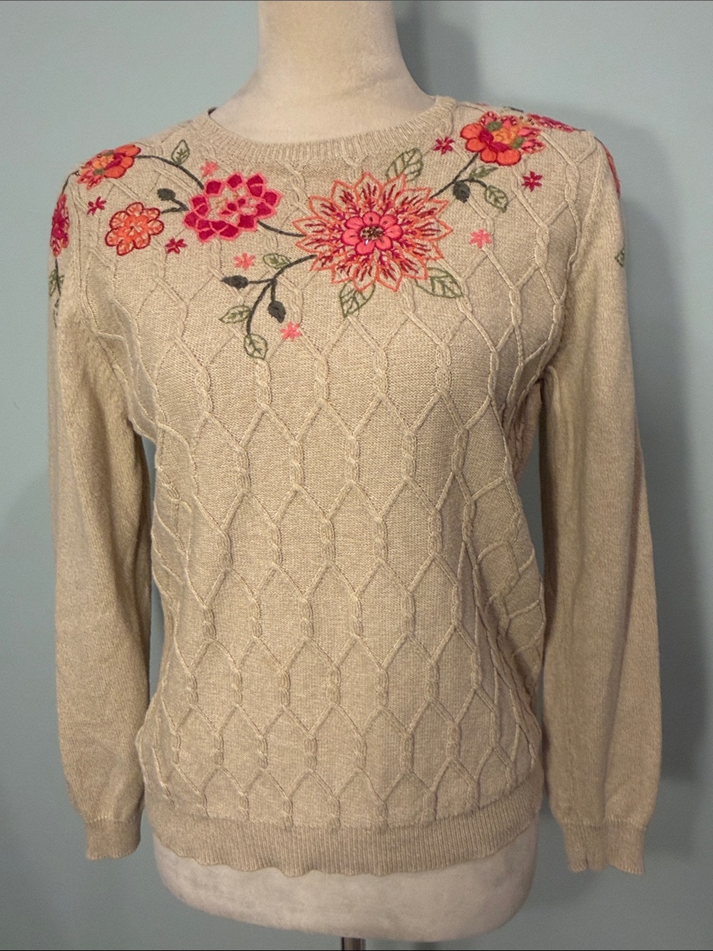 Alfred Dunner petite Cream Floral Embroidered Cable Knit Sweater